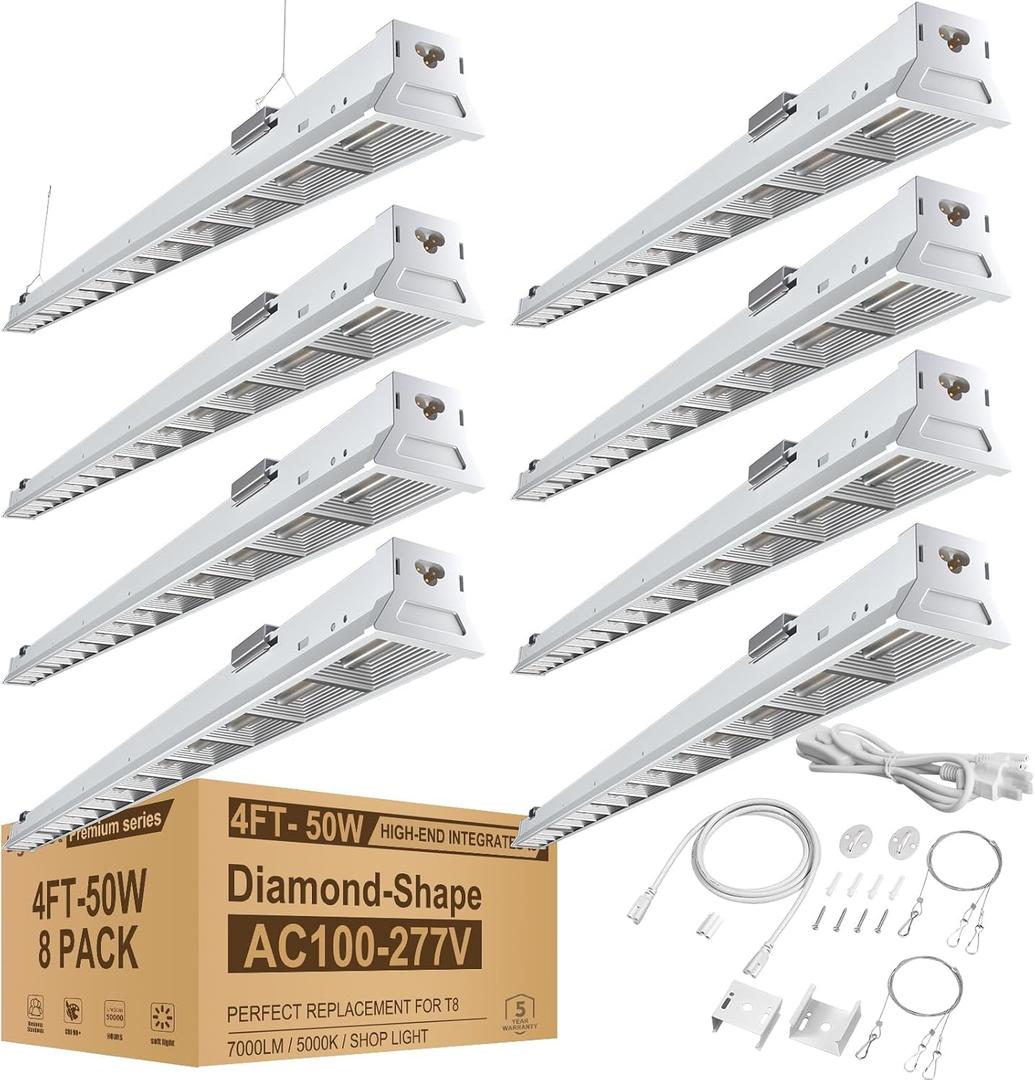 Lightdot 4FT LED High Bay Shop Light, 100-277VDriver Equipped, 5 Years 50W 7000LM [Eqv. 280W MH/HPS] 5000K 4' LED Shop Lights for Workshop Garage White-8Pack
