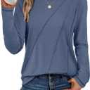 ATHMILE Womens Long Sleeve Shirts Pleated Crew Neck Casual Fall Fashion Ladie Tops Loose Fit Spring Basic Clothes Trendy, L (Blue)