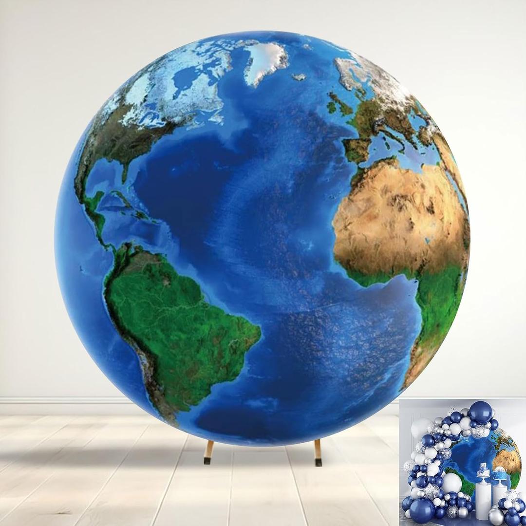 Polyester Diameter 6.5ft Earth Round Backdrop Outer Space View Planet Universe Atlantic Ocean Europe Africa America Photography Background for Earth Day Kids Astronaut Party Baby Shower Decor