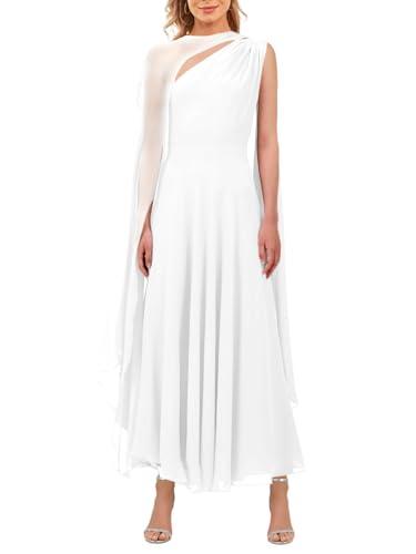 Aisbei One Shoulder Dresses for Women Elegant Cape Sleeve A-Line Flowy Long Dress Evening Gowns Party Formal Wedding Maxi Dresses-White M