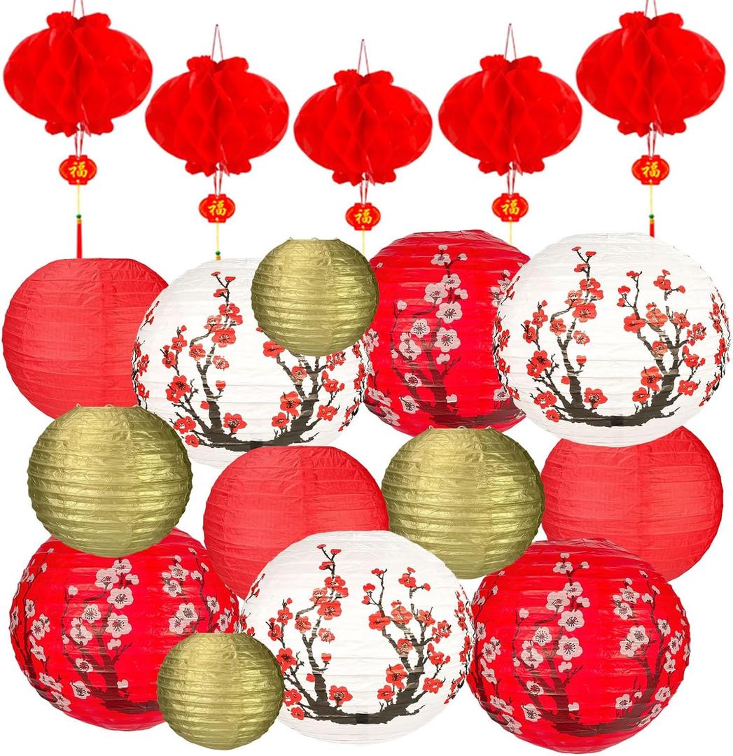 22Pack Hibach Party Decorations Chinese Japanese Paper Lanterns Cherry Blossom Red Gold Paper Lantern 12in 10in 8in 6in for Asian Theme Birthday Home Restaurant Wedding Party New Year Decorations
