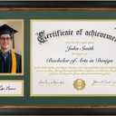11x19 Diploma Frame, Display for 8.5x11 Certificate & 4x6 Photos, Tempered Glass with Acid-Free Green over Gold Mat, Degree Frame for Graduation, Brown with Gold Trim