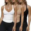 3 Pack Racerback Tank Tops for Women V Neck Ribbed Basic Workout Tank Tops Camisole Stretch Slim Fit Sleeveless Shirt (Small, Black,apricot,white)