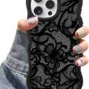Magnetic Case for iPhone 13 Pro, Compatible with MagSafe, Cute Black Lace Flower Aesthetic Soft Silicone Curly Wavy Shockproof Protective Phone Cover for Women Girls