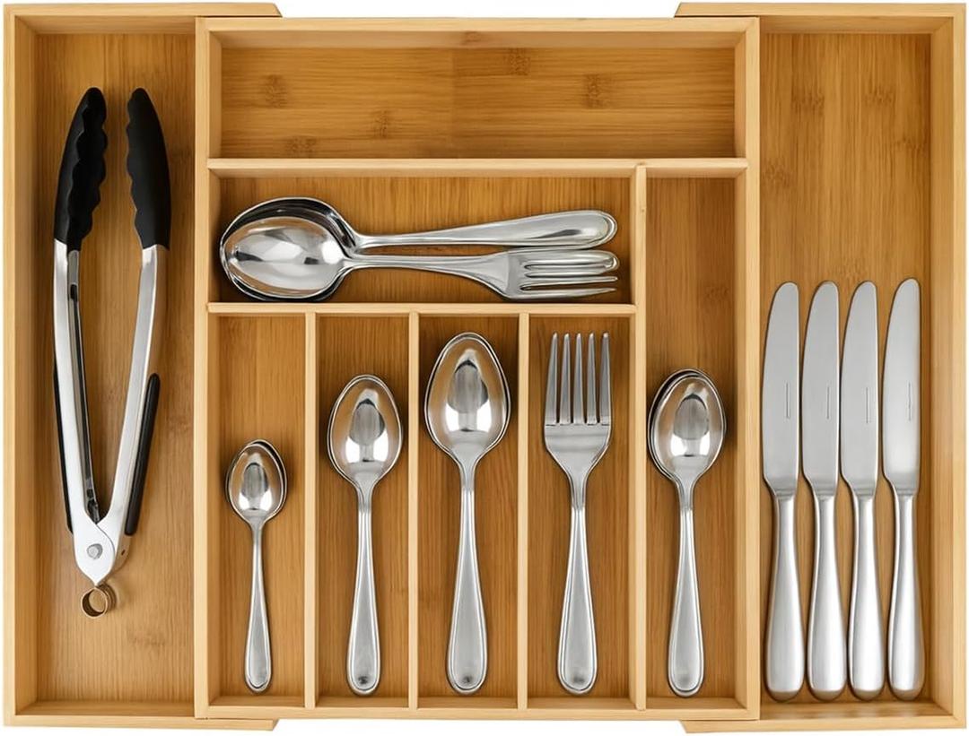 9-Slots Bamboo Drawer Organizers for Kitchen, Expandable Silverware Drawer Organizer, Multipurpose Utensil Organizer for Kitchen Drawers, Large Cutlery Drawer Organizer for Spoons, Forks & Knives