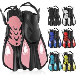 Snorkel Fins, Swim Fins Travel Size Short Adjustable for Snorkeling Diving Adult Men Women Open Heel Swimming Flippers