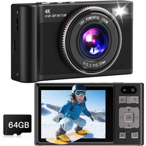 Digital Camera, 4K 64MP Autofocus UHD Dual Cameras with 64GB Micro SD Card 2.8'' IPS Sceen, 18X Digital Zoom Selfie Compact Point and Shoot Camera for Teens Beginner Adult, Black