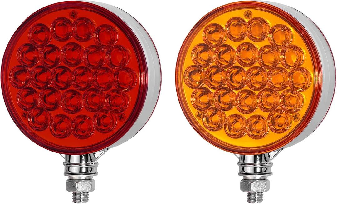2PCS 4" Round Double Face Pedestal Fender Lights, 48 LED Turn Signal Lights Pearl Red/Amber Reflective Lights Brake Turn Marker Tail Lights for Truck Trailer Towing
