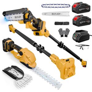 6-in-1 Pole Saw & Cordless Hedge Trimmer Combo Kit,Electric Grass Trimmer,Mini Chainsaw with 24.0 Ah Battery,Dual-Action Blade,Brushless Motor,8.5 ft Max Reach,for Tree Trimming/Garden/Lawn (Yellow)