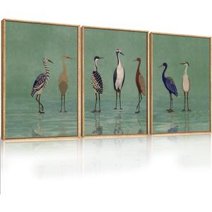 Large Vintage Heron Green Framed Canvas Wall Art,Crane Lake Wildlife Wall Decor,Minimalist Animals Art Prints,Nature Birds Landscape Artwork for Living Room,Bedroom,Farmhouse- 16''x24''x3