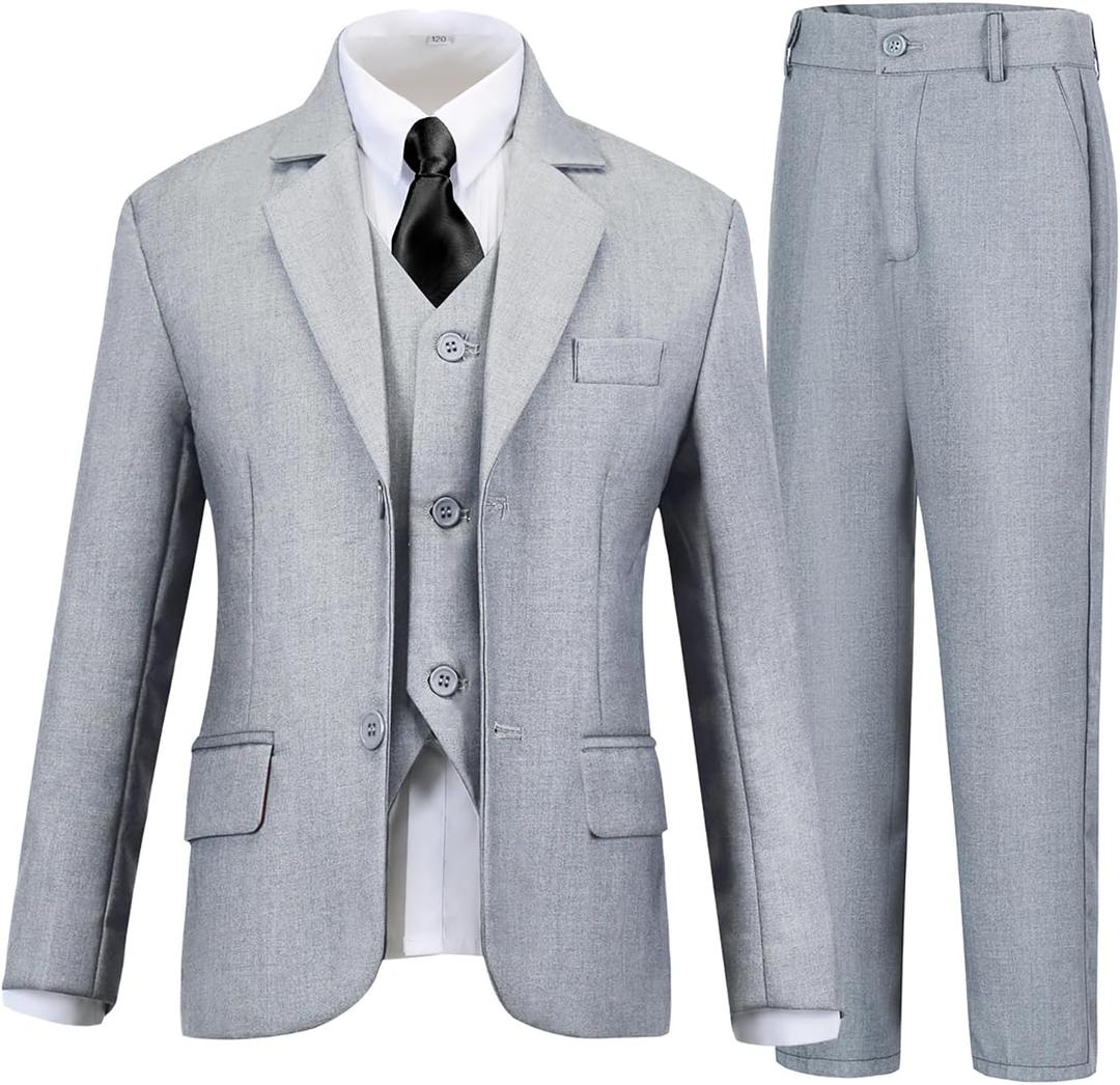 Boys Suits 5 Piece Formal Suit Set Slim Fit Formal Dress Clothes Ring Bearer Outfit for Kids (7, Light Grey-tie)