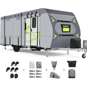 Heavy Duty 8 Layers RV Cover 18-20ft, Rip-Stop Motorhome Camper Cover with Windproof Straps, Gutter & Tongue Jack Covers, Utility Travel Trailer Cover for All Weather Protection