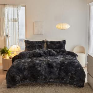 Shaggy Plush Duvet Cover Set Super Soft Fluffy Faux Fur Comforter Cover Set Luxury Fuzzy Bedding Set 3 Piece(1Duvet Cover+2Pillowcases) with Zipper Clusure(Black Ombre,Queen Size)