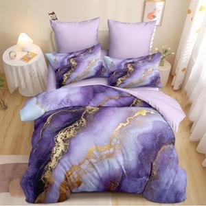 Nayoroom Purple Marble Comforter Set Queen Size Metallic Gold Marble Comforter 3 Pcs Kids Girls Geometric Cottagecore Bedding Set for All Seasons (1 Comforter, 2 Pillow Shams)