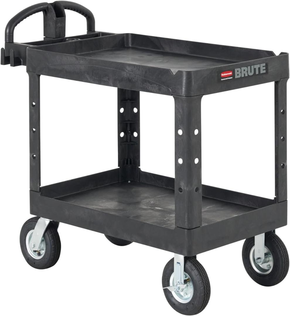 Rubbermaid Commercial Products BRUTE Heavy Duty 2-Shelf Utility/Service Cart, Medium, Lipped Shelves, Ergonomic Handle, Pneumatic Casters, 500 lb Capacity, Black, for Warehouse/Garage/Cleaning/Office