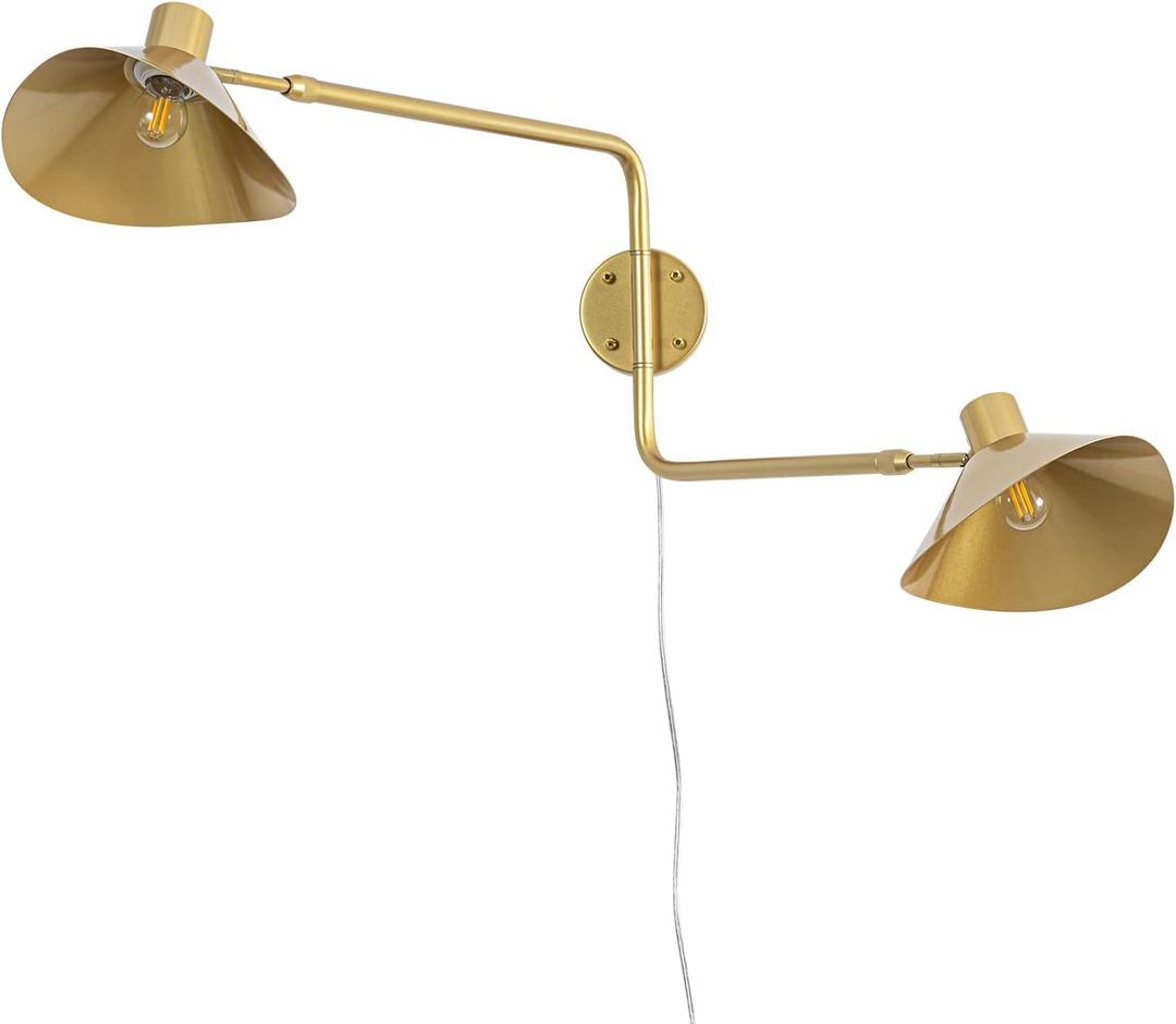 Gold 2-Light Plug in Wall Sconce, Big Adjustable Swing Arms Wall Light Fixture for Living Room Bedroom Bedside Wall Light Adjustable Swivel Arms Extendable Length 22 to 58