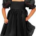 WDIRARA Toddler Girl's Mesh Tulle Dress Square Neck Puff Short Sleeve Ruffle Hem Birthday Party Cute A Line Midi Dress (Black, XS)