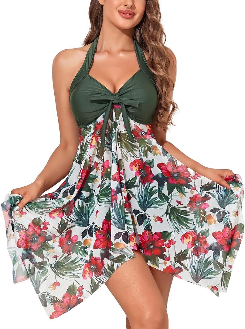 MiYang Womens Tankini Swimdress with Boyshorts Two Piece V Neck Bowknot Halter Bathing Suit Dress (Green, XL)