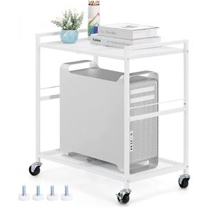 YBING Computer Tower Stand White PC Tower Stand 2 Tier CPU Holder with Wheels Metal Mobile Computer Tower Cart Rolling PC Cart Floor for Fax Home Office, White