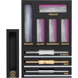 DALSHABET 9 IN1 Bamboo Storage Bag Drawer Organizer with Cutter, Foil and Plastic Wrap Dispenser for Kitchen Storage Compatible with All Brands Gallon, Quart, Sandwich & Snack Size Bags - Black