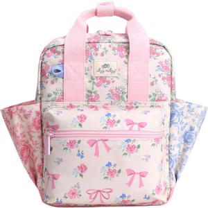 Itzy Ritzy Toddler Backpack - Daycare Bag - Features Adjustable Shoulder Straps, 2 Side Pockets & Spacious Interior with Wipeable Fabric Lining & Name Label, Ribbons & Roses Backpack (Small)