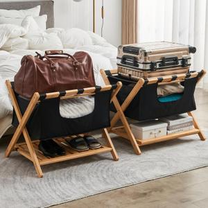 Folding Luggage Rack for Guest Room - Fully Assembled Bamboo Suitcase Stand - Sturdy Wooden Luggage Holder with Laundry Bag & Shoe Rack - Airbnb Essential for Hosts, Guest Room Must Haves (Pack of 2)