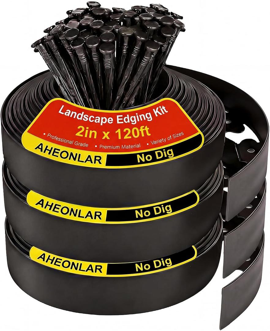 AHEONLAR Landscape Edging, 2" x 120' Garden Edging Border, Plastic Garden Edging with 140 Pcs Spikes, No Dig Landscape Edging Black Garden Border for Lawn, Yard and Flower Bed