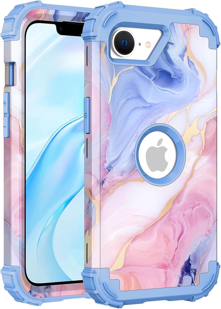 PIXIU Unique Flower Pattern Compatible with iPhone 17e/16e 6.1 inch case, Heavy Duty Dual Layer Shockproof Full-Body Protective Sturdy Hybrid Cute Rugged Case for Women,Girls,Kids-Marble