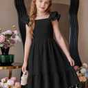 Arshiner Girls Black Dress Double Layer Ruffle Sleeve Off Shoulder Smocked Church Funeral Tween Dresses, Size 14-16