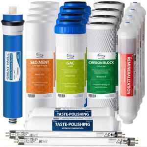 iSpring F21KU75 NSF Certified 2-Year Reverse Osmosis Water Filter Replacement Cartridge Set for 7-Stage 75 GPD RO Water Filtration Systems w/Alkaline Mineral & UV Filters, 21 Piece