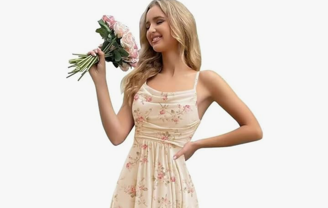 Spaghetti Straps Ruffle Chiffon Bridesmaid Dresses Long with Slit A Line Formal Dress for Women, Small