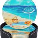 Summer Beach Leather Drink Coasters Set of 6 with Holder Ocean Scene Print Round Cup Coaster for Table Decor