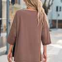 Oversized Tshirts for Women 3/4 Length Sleeve Casual Workout Tops Loose Fit Gym Shirts Side Slit Basic Tees Tunic (Brown, S)