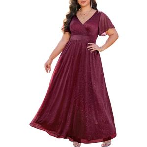 Plus Size Formal Dresses - V Neck Flutter Sleeve Glitter Prom Evening Gowns Wedding Guest Chiffon Long Maxi Dress 14W