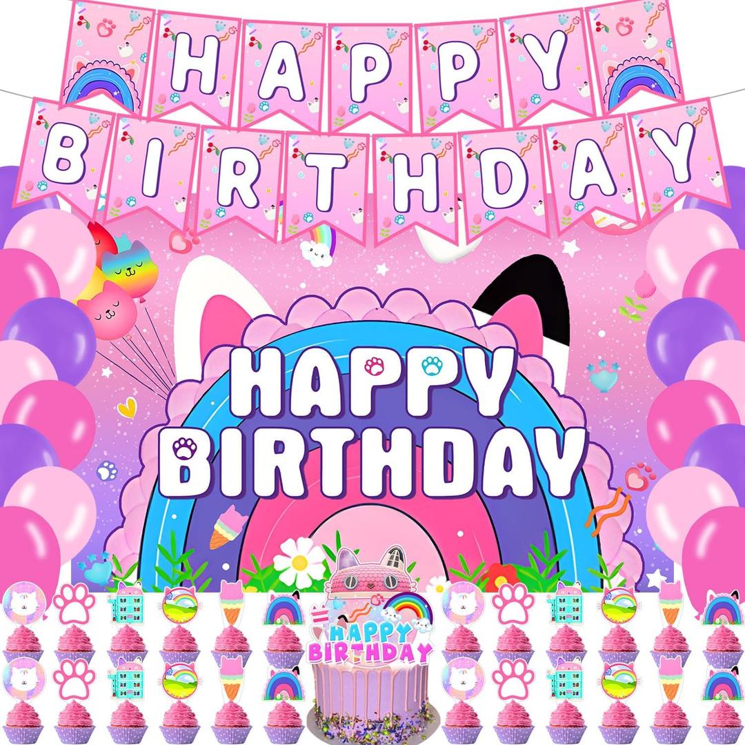 2 x DollHouse Birthday Party Supplies, Cartoon Doll House Party Decorations Set Include Banner, Backdrop, Cake Toppers Balloons for Boys Girls Cat Theme Party