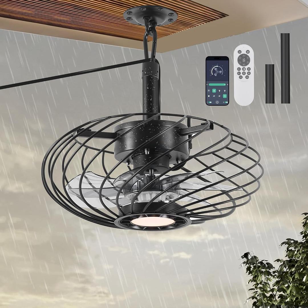 15" Outdoor Ceiling Fan with Light, Waterproof Gazebo Fan Remote Control, Dimmable LED Light, Hanging Black Caged Ceiling Fixtures with Plug in Cord for Patios Pergola