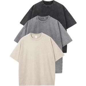 Flygo 3 Pack Men Oversized T Shirts Acid Washed Unisex Tee Loose Fit Short Sleeve Casual Streetwear Baggy Basic Tops (Medium, Black+grey+beige)
