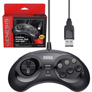 Retro-Bit Official Sega Genesis USB Controller 8-Button Arcade Pad for Sega Genesis Mini, Switch/Switch 2, PC, Mac, Steam, RetroPie, Raspberry Pi - USB Port (Black)