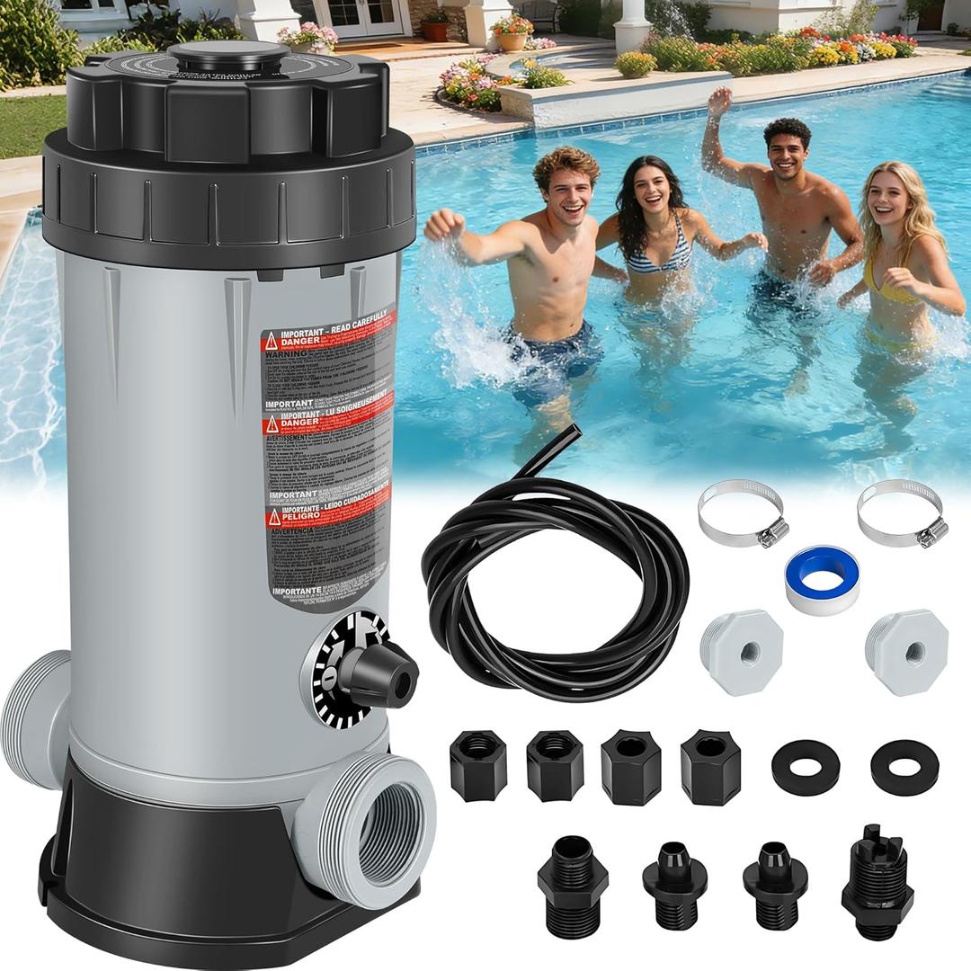 RovPool Offline Automatic Pool Chlorinator,9 lbs Capacity Pool Chlorine Feeder,Easy Set Automatic Chlorinator Feeder with Adjustable Output,Chlorinator for Inground/Above Ground Pool Chlorinator,Grey