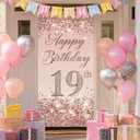19th Birthday Door Cover 71x35 Inch Elegant Rose Gold Glitter Happy Birthday Banner for Girls Sparkling Diamond Number Nineteenth Milestone Celebration Party Photo Booth Prop Wall Decor