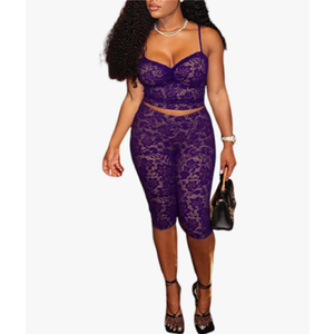 CALEBGAR 2 Piece Lingerie sets for Women Sexy Floral Lace Camisole Crop Tops Capri Leggings Jumpsuit Birthday Club Outfits, XXL, Purple Color