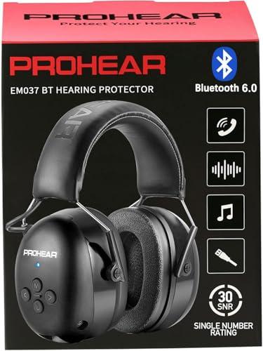 PROHEAR 037 Bluetooth 6.0 Hearing Protection Headphones with Rechargeable 1500mAh Battery, 30dB SNR Safety Noise Reduction Ear Muffs 120H Playtime for Mowing, Workshops, Snowblowing - Black