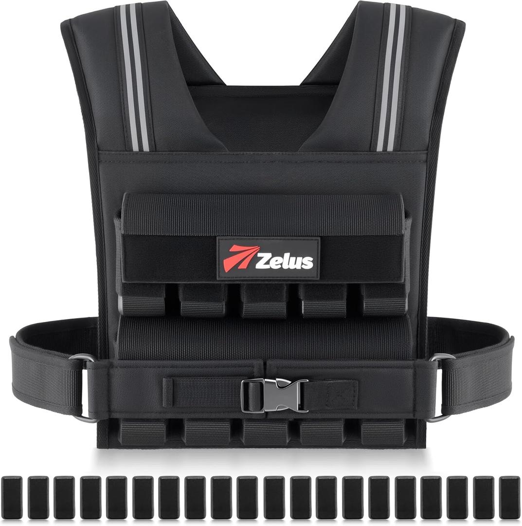 ZELUS Weighted Vest Men, 45 lb. Weight Vest with 20 Adjustable Iron Weights for Muscle Building Strength & Functional Training, Weighted Vest for Men with Reflective Strips. (Black)