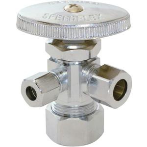Eastman 3/8 Inch x 1/4 Inch x 5/8 In. OD Compression (1/2 In. Nom.) Multi-Turn Dual-Outlet Three-Way Stop Valve, Brass Plumbing Fitting, Chrome, 04351LF