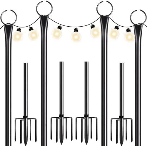Walensee 4 Pack String Light Poles with Hook, 9.4FT Outdoor Metal Lighting Pole for Hanging String Lights,Garden Patio Decor,5-Prong Fork Steel Stand Holder for Holiday,Wedding,Easter,Party,Backyard