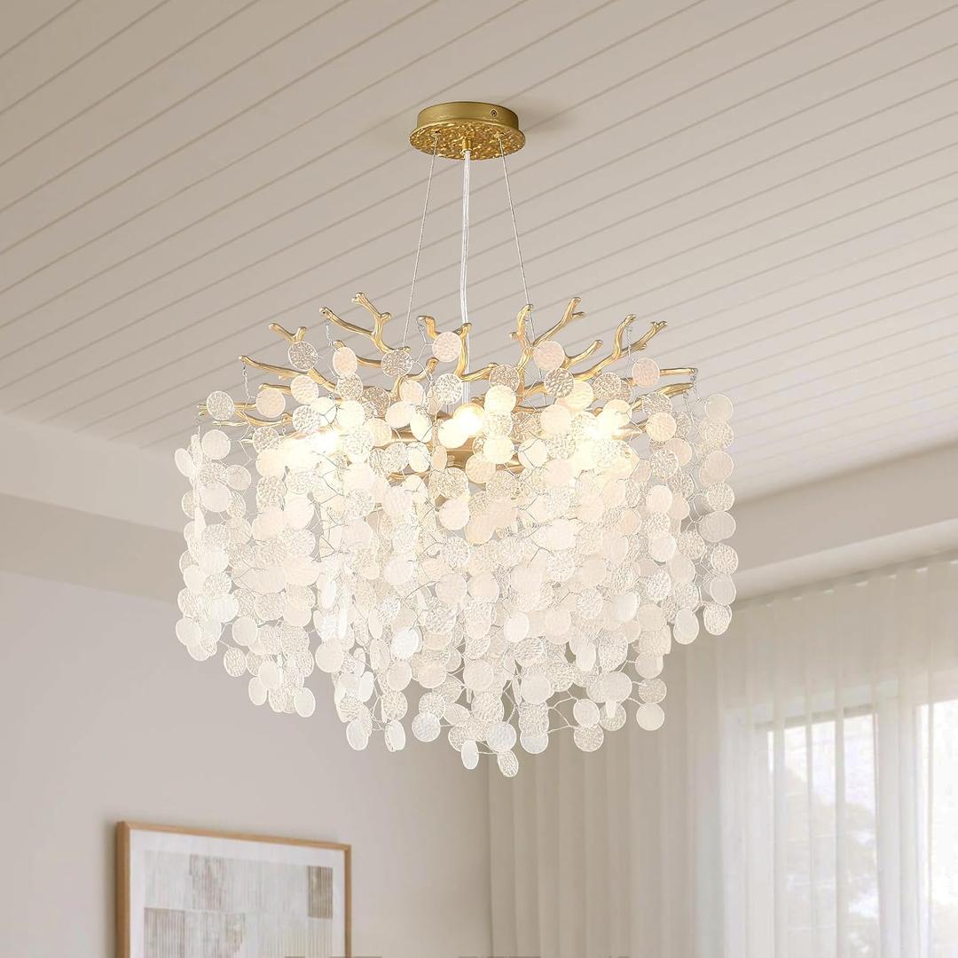18-Inch Coastal Chandelier, 6-Light Gold Tree Branch Chandelier, Modern Foyer Bedroom Chandeliers with Adjustable Height, Round Crystal Pendant Light Fixtures for Entryway Dining Room, E12