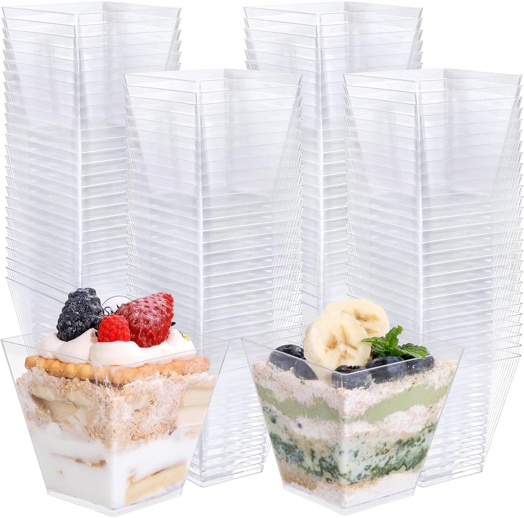 supernal 8oz Square Plastic Dessert Cups,Disposable Square Cups,Clear Dessert Cup 100pcs,Plastic Parfait Appetizer Cup Perfect for Birthday,Party,Wedding