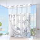 No Hook Shower Curtain with Snap in Liner, Beach Ocean Nautical Coastal Shower Curtains and Liner Set for Bathroom, Seashell Hotel Fabric Bath Curtain, Waterproof Washable, Grey 71" x 74"