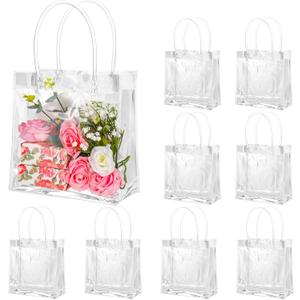 BESARME 20 Pack 8" x 8" x 3.15" Clear Gift Bags with Handle, Large Plastic Bag Gift Wrap Tote Bag Reusable Clear Bags for Gifts Wedding Valentine's Day Party Favors
