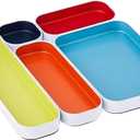 Three by Three Seattle 5 Piece Shallow Metal Organizer Tray Set for Storing Makeup, Stationery, Utensils, and More in Office Desk, Kitchen and Bathroom Drawers (1 Inch, Assorted Colors)